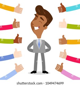 Vector illustration of a proudly smiling asian cartoon businessman surrounded by people giving thumbs up isolated on white background