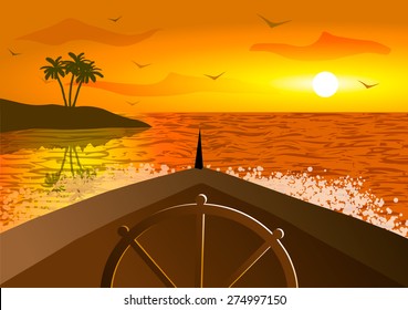 Vector Illustration. Prow of a ship in the ocean at sunset.