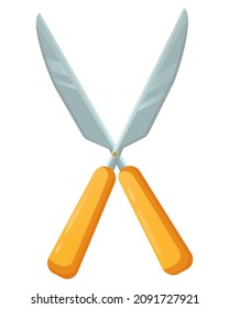 Vector illustration of a pruner with yellow handles in a flat style. Garden scissors for washing bushes isolated on white background.