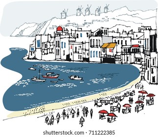 Imagen vectorial de la bahía de Psarou, en Mykonos, que muestra la playa y los edificios antiguos. 