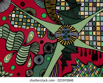 Vector illustration, psychedelic abstract landscape, card concept.