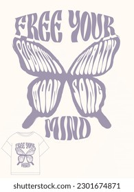 vector illustration with psychedelic butterfly and typographic elements