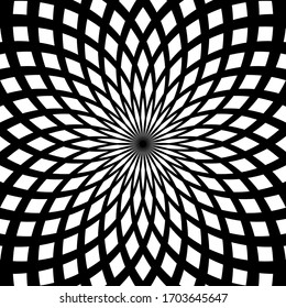Vector illustration of psychedelic geometric pattern. Black and white abstract concentric intersecting lines wallpaper texture. Optical illusion of circle shapes, swirl hypnotic stripes background 
