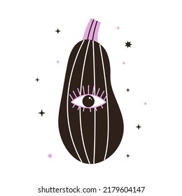 Vector illustration of psychedelic halloween pumpkin with one eye. Hand drawn magic character. Thanksgiving element with stars decor for card, poster design