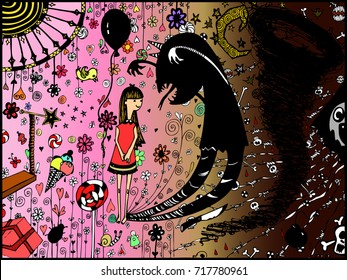 Vector illustration, psychedelic image of a child and a deamon, gradient landscape, card concept.