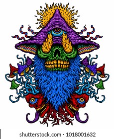 Vector illustration of a psychedelic magic mushroom with a third eye of a fire-breathing monster. Design for T-shirt on white background