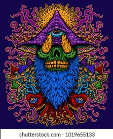 Vector illustration of a psychedelic magic mushroom with a third eye of a fire-breathing monster. Design for T-shirt on  background