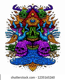 Vector illustration of a psychedelic magic mushroom with a third eye of a fire-breathing monster. Design for T-shirt on white background