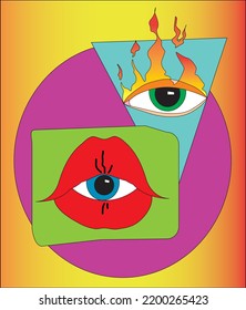 Vector illustration, psychedelic, plastique, colorful, depicting eyes and lips in geometric shapes and tongues of flame, done in bright colors, fashionable style, for prints and textiles.