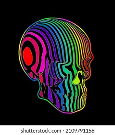 Ilustración vectorial del cráneo psicodélico con franjas verticales coloridas aisladas sobre fondo negro