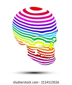 Ilustración vectorial del cráneo psicodélico con franjas coloridas aisladas sobre fondo blanco.