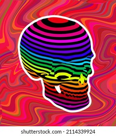 Vector illustration of psychedelic skull with colorful horizontal stripes isolated on red colorful background.