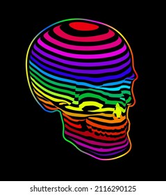 Ilustración vectorial del cráneo psicodélico con franjas horizontales coloridas aisladas sobre fondo negro