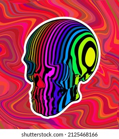 Ilustración vectorial del cráneo psicodélico con coloridas franjas verticales aisladas en el fondo de tonos rojos psicodélicos.