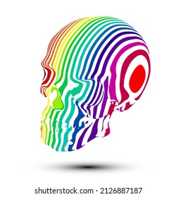 Vector illustration of psychedelic skull with colorful vertical slice stripes isolated on white background.