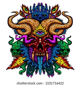 Vector illustration of a psychedelic skull devil head with a third eye of a fire-breathing monster. Design for T-shirt on white background