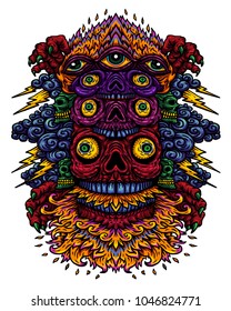 Vector illustration of a psychedelic skull with a third eye of a fire-breathing monster. Design for T-shirt on white background