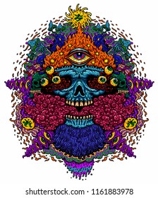 Vector illustration of a psychedelic skull with a third eye of a fire-breathing monster and smoke. Design for T-shirt on white background