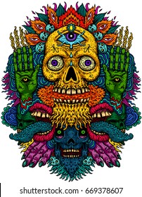 Vector illustration of a psychedelic skull with a third eye of a fire-breathing monster. Design for T-shirt on white background