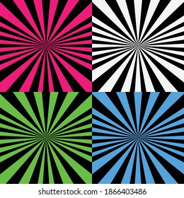 Vector illustration psychedelic spiral set with radial rays, comic effect, vortex background. Hypnotic spiral