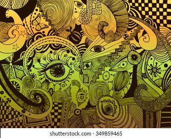 Vector illustration, psychedelic universe, freehand ink drawing, abstract landscape, card concept.