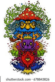 Vector illustration of a psychedelic wizard in a hat mushroom with a beard smokes a magic smoke. The skull and mystical signs of the third eye,heart, bottles with magical drinks. 