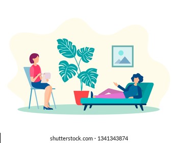 Vector illustration Psychological help online, advice and support. Meeting with a psychologist, consultations and trainings.