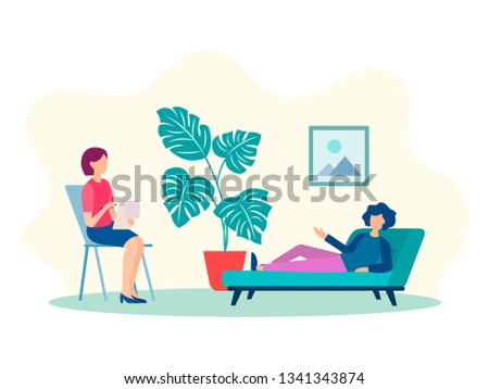 Vector illustration Psychological help online, advice and support. Meeting with a psychologist, consultations and trainings.