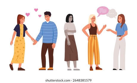 Vector illustration of psychological pressure. Cartoon scene of girls gossiping against another, upset girl, couple in love isolated on white background. Not being accepted into the company. Bullying.