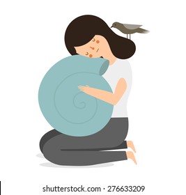 Ilustración vectorial de un tema psicológico. La triste chica con concha. introvertido