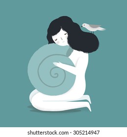 Ilustración vectorial de un tema psicológico. La triste chica con concha. Introvertido