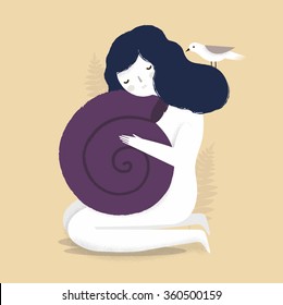 Vector illustration of a psychological theme. The sad girl with seashell. Introvert