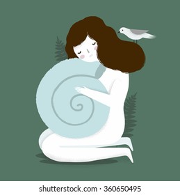Vector illustration of a psychological theme. The sad girl with seashell. Introvert