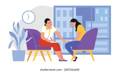 Vector illustration of a psychologist. Cartoon scene with a psychologist who accepts a woman with problems and helps her on white background. Depression