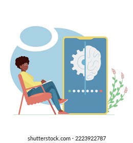 ilustración vectorial de un psicólogo junto a una aplicación móvil
