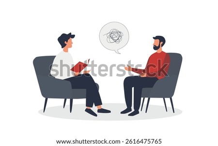 vector illustration of psychologist and patient talking in therapy session. Mental and psychological problems