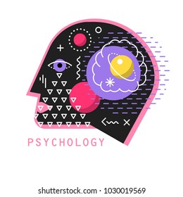 Vector illustration of psychology. Profile of the human head with the cosmos and the planets inside.