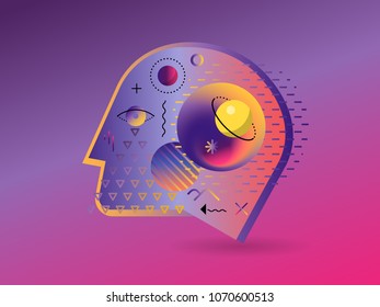 Vector illustration of psychology. Profile of the human head with the cosmos and the planets inside.