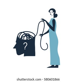 Vector illustration of psychotherapy concept. Man in depression. Tangled ball in head. Psychology illustration.