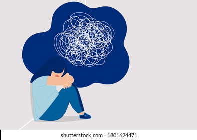 Vector illustration of Psychotherapy and psychology help with depressive disorders. a woman suffering from prolonged sadness, fatigue, chronic pain, headaches or stomachaches.