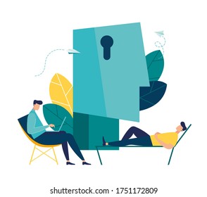 Vector illustration, psychotherapy, unraveling the search for a way out of difficult situations, the concept of social psychiatry, therapist and patient