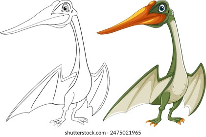 Vector illustration of a pterosaur in color and outline