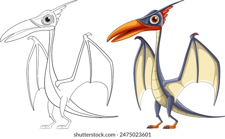 Vector illustration of a pterosaur in color and outline