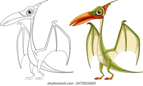 Vector illustration of a pterosaur in color and outline