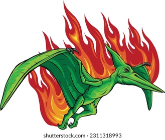 vector illustration of pterosaur with flames on white background