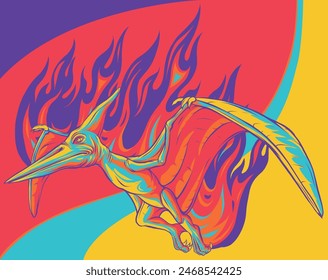 vector illustration of pterosaur with flames on white background