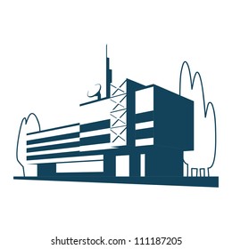 Vector illustration of public buildings downtown. Simple stylized icon of office in city center. Perspective view of street in business district with development, trees. Abstract sign of real estate