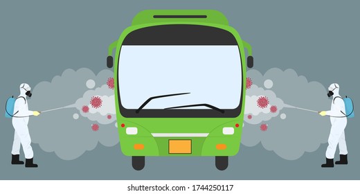 Vector Illustration For Public Bus Disinfectant During Lock Down, Whole World Sanitize For Deadly Covid 19 Disease, 
Global Attack Of Corona Virus