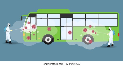 Vector illustration for public bus disinfectant during lock down, whole world sanitize for deadly covid 19 disease, 
global attack of corona virus