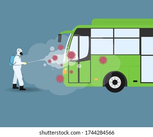 Vector illustration for public bus disinfectant during lock down, whole world sanitizes for deadly covid 19 disease, global attack of corona virus